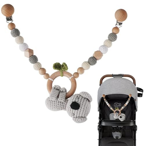 XEERUN Kinderwagenkette, Kinderwagenkette aus Holz und Baumwolle gehäkelt, Kinderwagen Kette für Babys, Montessori Neugeborenen Spielzeug Kinderwagenspielzeug für Babyschale (Koala)