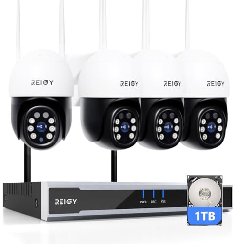 REIGY 5MP Système Surveillance WiFi Exterieure avec 1TB Disque Dur, Kit Camera Videosurveillance 16CH NVR + 4X Camera(2880 * 1620p), Audio Bidirectionnel Vision Nocturne Colorée IP66 Imperméable