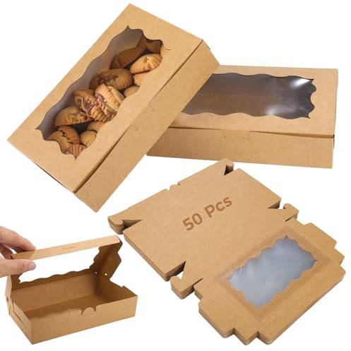 50 Stück Keksschachteln aus Kraftpapier mit Fenster, 18x11x4cm Keksschachteln aus Kraftpapier mit klarem Fenster, braune Leckereienschachtel, Bäckerei-Verpackungsschachtel für Desserts, Süßigkeiten