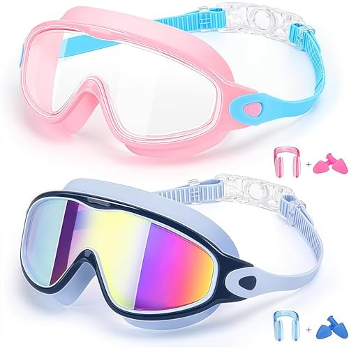 Cosmeria Gafas de buceo para niños, set de 2 gafas de natación con 2 clips para la nariz y 2 pares de tapones para los oídos, anti-niebla, protección UV, ideal para niños y adolescentes