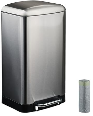 Relaxdays Cubo de Basura Cocina, 30 L, Antihuellas, Papelera Interior Extraíble, Pedal, Bolsas, Acero Inoxidable, Plata, 70% 30% plástico, 60,5 x 34 x 31 cm