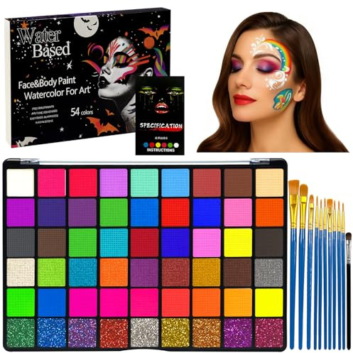 xiaoxianxian Set Trucco per Bambini, 54 Colori Truccabimbi Kit Anallergici Atossici, Body Painting con 11 Pennelli per Halloween, Carnevale, Compleanni & Feste a Tema