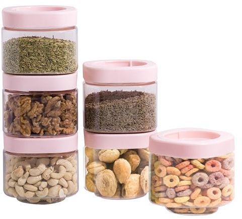 STL Food Containers With Lids, Airtight Food Storage Containers For Pantry & Kitchen, BPA Free, Freezer Safe, InterLock, Stackable, Leak Proof -Assorted (6, Pink, 450ml)