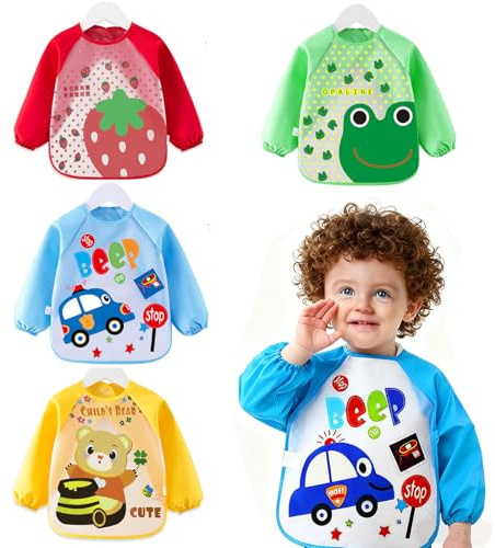 dellyy Babero Impermeable Bebe, 4 Piezas Babero con Mangas, Baberos Impermeables, Lavable, Adecuado para Niños 1 a 5 Años
