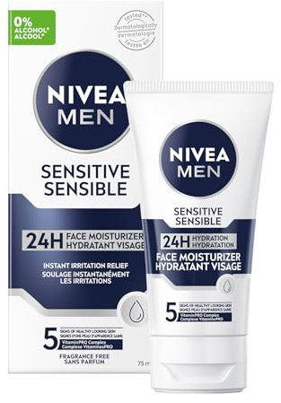 NIVEA MEN Sensitive Crema Idratante 75 ml, Crema viso uomo per un sollievo immediato dalle irritazioni, Formula idratante 24h senza profumo per pelli sensibili