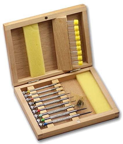 9 Uhrmacher-Schraubendreher in Echt-Holzbox S1 DELUXE STAR XXL für die Uhrenreparatur
