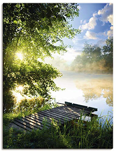 ARTLAND Wanddeko Leinwand Bilder Wandbild 90x120 cm Natur Landschaft Wald Baum See Steg Sommer Sonne Gräser T0WD