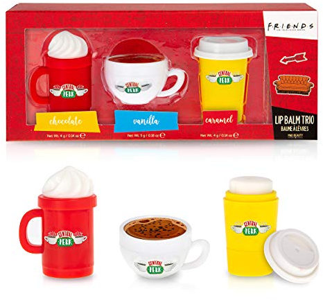 MAD BEAUTY Friends TV Show Lip Balm Trio Set (Pack of 3), Soothe Dry Lips with Delicious Chocolate, Vanilla, and Caramel Flavors in Adorable Central Perk Packaging