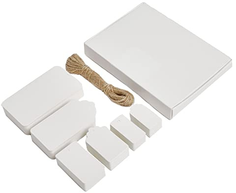Box.it.pack.it Etiquetas de regalo de papel kraft, blanco, formas mixtas, paquete de 200 con cuerda, 9 x 5 cm, 5 x 3 cm, 4 x 2 cm, 8 x 4 cm, 5 x 3 cm, 4 x 2 cm