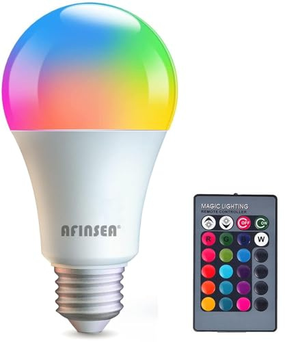 AFINSEA RGB Color Changing Light Bulbs,RGB LED Light Bulbs,9W Warm White 6500K,40W Equivalent,16 Color Multicolor A19 E27/E26 Dimmable Memory Function, for Home Decoration,Stage,Bar,Party