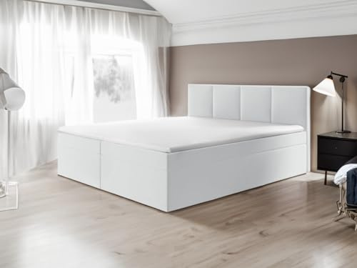 Generisch Boxspringbett Bett Doppelbett ARIS mit Bonell-Matratze und Topper T25 + 2 Bettkästen, H3 (Kunstleder Weiß - Madryt 120, 160x200)