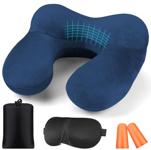 BBjinronjy Cuscino da Viaggio, Cuscino Cervicale Gonfiabile per Aeroplano con Tappi per le Orecchie, Morbido in Velluto Ergonomico Cuscino Cervicale Gonfiabile per Ufficio, Aeroplano, Auto, Viaggio