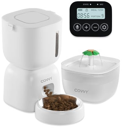 COVVY Automatischer Futter und wasserspender Katzen, 3L futterspender Katze und 2L Katzenbrunnen, katzenfutterspender mit LCD-Bildschirm, Timer, 1–4 Mahlzeiten, Portionskontrolle