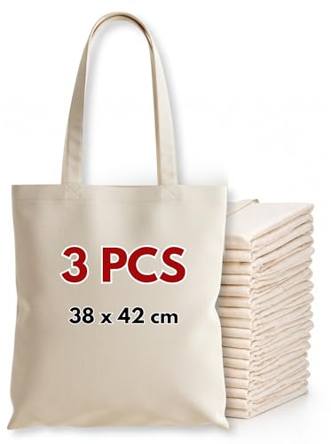 Wonky Line Bolsas de Algodón Reutilizables 100% Natural, Bolsas de Tela para Compras con Asas Largas Reforzadas, Paquete Múltiple Ideal para Personalizar e Imprimir - Natural - 3