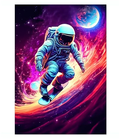 Space Surfing Space Poster, Colourful Abstract Astronomy Wall Art Home Decor, Astronaut Planets Print, Archival Matte, A1 (Print Only) - 84.1x59.4cm