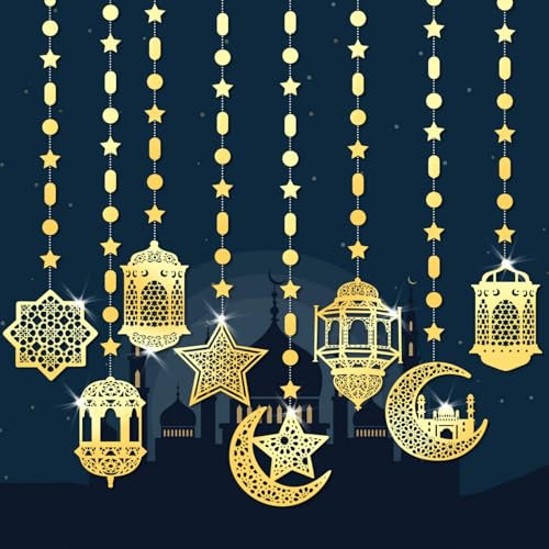CaiTang 8 Pezzi Ghirlanda per Ramadan, Eid Mubarak Decorazioni, Decorazioni Eid Mubarak Banner, Eid Mubarak Decorazione Stella Luna Lanterne, Decorazioni Ramadan Murali per Festa Islam Muslim Ramadan