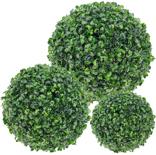 Funzhan 3 palline artificiali in bosso topiaria da appendere, finte realistiche, da giardino, arte topiaria, dimensioni miste, per interni, cortile, giardino, portico, casa, decorazione di nozze