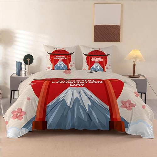 PNHCL Bettwäsche 135x200 Kirschblüten Bettwäsche-Sets, Japanisch Orientalisch Mikrofaser Bettbezug 135 X 200 mit Reißverschluss + 1 Kissenbezug 80x80 für Kinder Mädchen Junge Rote Sonne