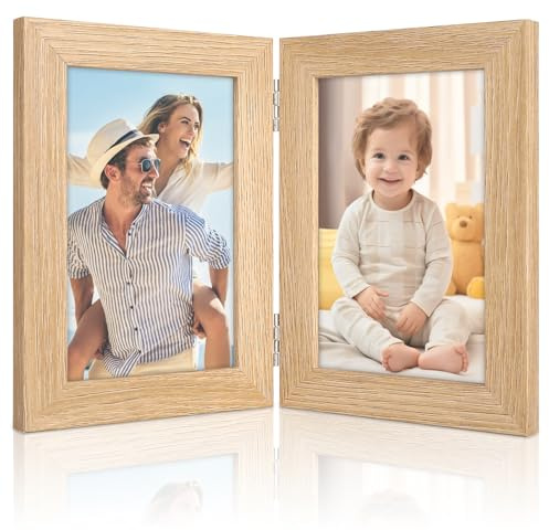 Double Photo Frame 6x4, Wood Photo Frames with Folding Hinges and High Transparency Panel, Foldable Family Picture Frame, 6x4 Picture Frames for Wedding, Family, Baby