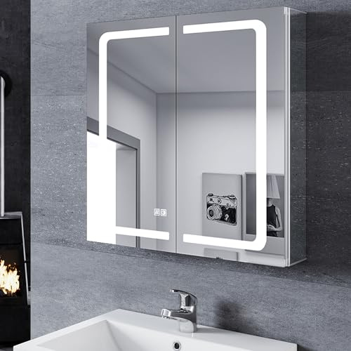 SONNI LED spegelskåp badrum och uttag 65 x 65 cm, 2 dörrars aluminiumspegelskåp med touch-brytare, 3 ljusfärger dedimning, trådlös gångjärnsdesign IP44 badrum medicinskåp