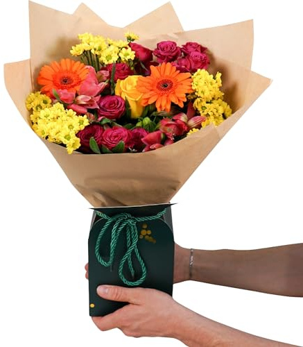 Fleur De Luxe Vibrant Charm Giftbox - Bold Bouquet with Yellow Roses, Cerise Spray Roses, Santini, Pink Alstroemeria, Orange Germini
