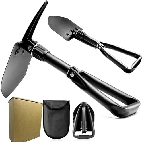 Folding Survival Shovel with Pick, Portable Carbon Steel Tactical Style Entrenching Tool for Snow, Off Road, Camping, Gardening, Beach, Digging (Black)
