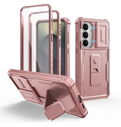 Dexnor pour Coque Samsung Galaxy S26 Plus【Double Cadre Avant et Support】 avec CaméRa Coulissante Intégrée & Protecteur d'écran, Coque de Protection Robuste Résistante Aux Chocs - Poudre Pivoine