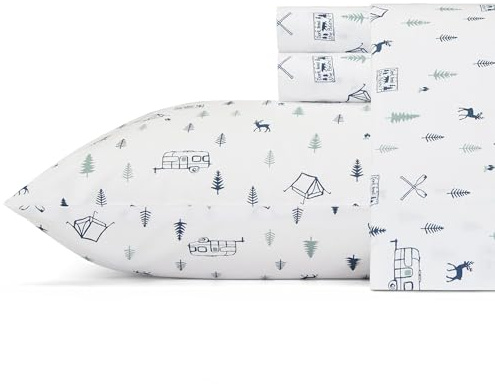 Eddie Bauer - Twin Sheet Set, Cotton Percale Bed Sheets, Crisp & Cool Bed Sheets, Ideal Dorm Essentials (Campout Dark Blue, Twin)