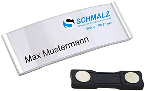 50 STÜCK edles Aluminium Namensschilder mit starkem Magnet Doppelmagnet silber eloxiert professionelle Qualität, modisch gewölbt ca. 70x25mm mit Papiereinschub (silber)