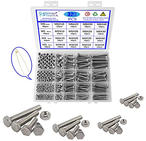 Rshuhx 320pcs M3 M4 M5 M6 Vis à Tête Hexagonale Boulons et écrous Acier Inoxydable 304 Boulon à Tête Hexagonale Entièrement Vis Filetée Machines Boulons à Six Pans