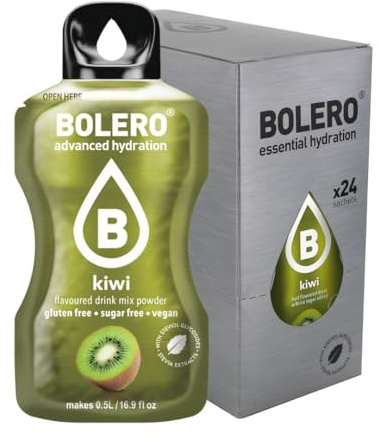 Bolero Drink 24 Bolsitas 3 gr gramos Palos Frutas Preparado Polvo Soluble para Bebidas Frescas en Agua Producto, 72 gramos Edulcorado con Stevia (Kiwi)