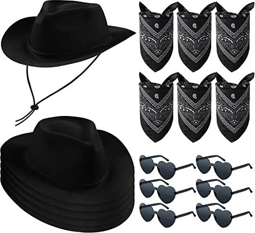 Newcotte 18 Pcs Western Cowboy Hat Set Include 6 Felt Cowgirl Hats 6 Paisley Bandanas 6 Pairs Heart Glasses for Party Costume(Black)