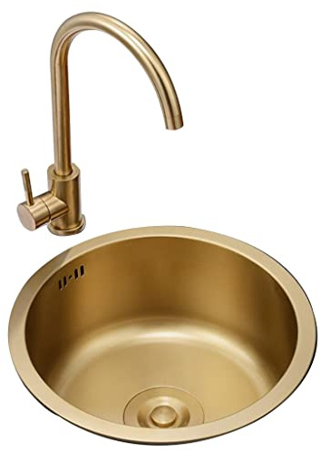 Cuisines Bol Simple Pour Évier Rond Doré Mini Petit Évier En Acier Inoxydable Lavabo À Encastrer Pour Balcon Bar Évier De Cuisine bain (Color : Gold, S : 36 * 36 * 20cm)