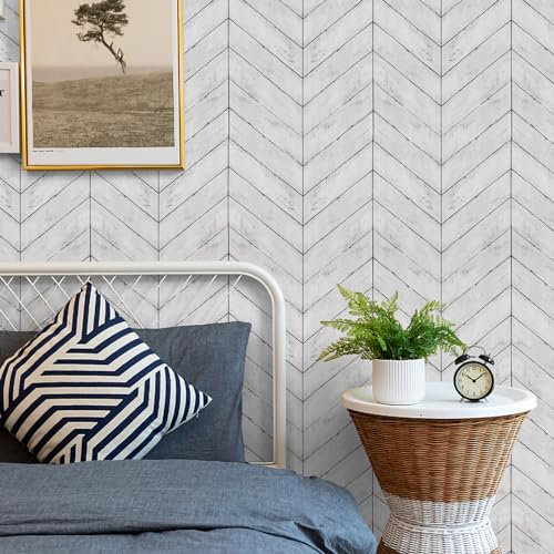 CiCiwind White Herringbone Stripes Self Adhesive Wallpaper 42.7×500cm Geometric Contact Paper Wood Effect Peel and Stick Wallpaper Stick Back Plastic Waterproof Vinyl Film for Living Room Kitchen