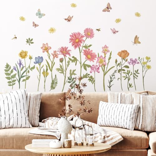 Runtoo Boho blomma väggdekaler vildblomma trädgård blommor väggklistermärken bakgrund för flickor sovrum barnrum badrum baby barnkammare väggdekor