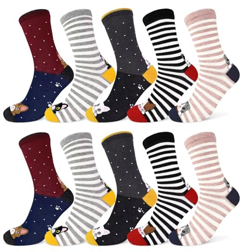 TUUHAW Chaussettes Garçon 35-38 Animaux Chaussettes Enfant 35-38 Coton Mignonnes Rayées Chaussette Chat chien 10 Paires