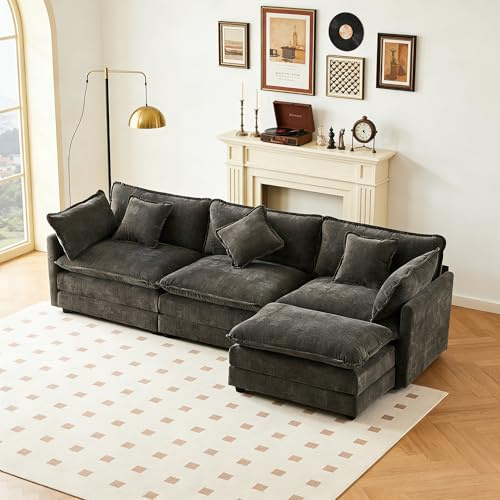 Wyibwy sofá Moderno 3 plazas con reposapiés,sofá esquinero en L con Cojines,sofá seccional 3 plazas,sofá esquinero Modular en L,sofás seccionales tapizados,Tela Chenilla,Gris