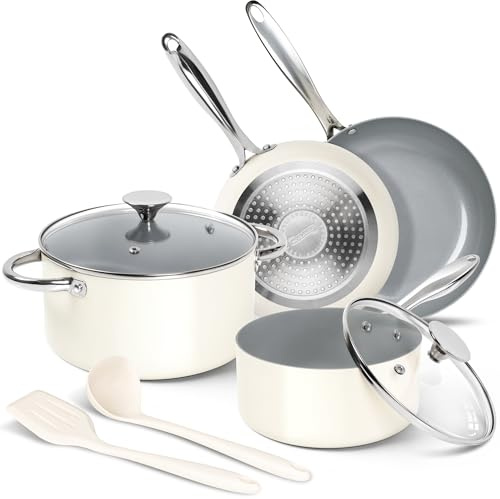 MICHELANGELO Ceramic Pots and Pans Set 8pcs - Nonstick Ceramic Cookware Set, 8-Piece Healthy Cooking Set, Non-Toxic, Oven Safe & Induction Compatible - Cream