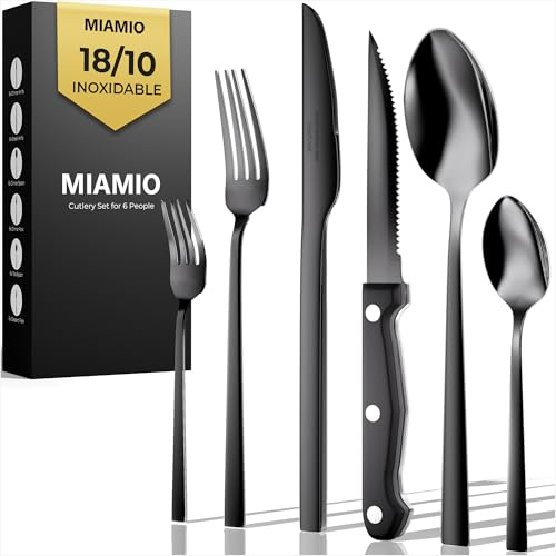 MIAMIO – Ensemble de Couverts en Acier Inoxydable pour 6 Personnes/Service de 36 Pièces – Inclut Couteaux, Fourchettes, Cuillères – Compatible Lave-Vaisselle (Noir, 36 pièces)