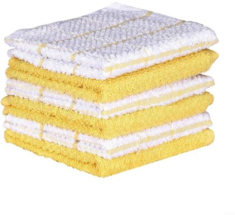 HomeVortex 6 paños de cocina de algodón suave de rizo para platos y derrames, paños de cocina absorbentes lavables a máquina (rejilla amarilla)