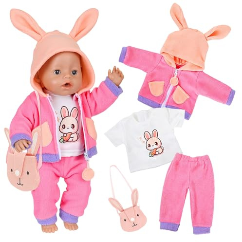 Doll Clothes Outfit for 14-18 Inch New Born Baby Doll, Pink Rabbit Baby Doll Clothes set with Top Rabbit Ear Hooded Jacket Pants Bag, Dolls Clothing 35-45 cm for Baby Doll Accessories Gifts for Kids
