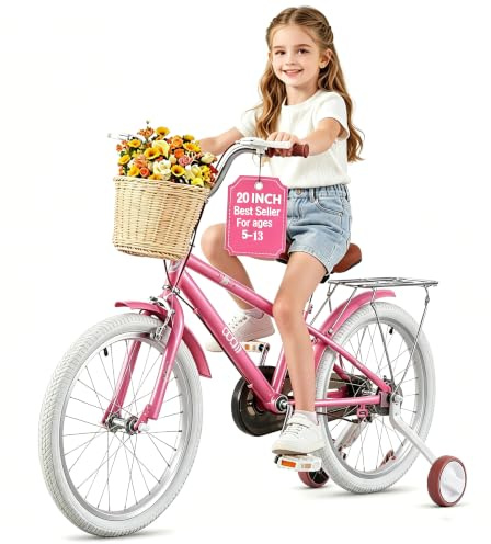 Girls Bike with Stabilisers/Kickstand Pink Kids Road Bike with Basket and Rear Rack 12 14 16 18 20 22Inch Wheels Girls Bicycle Children Bicycle Bike for 5-13 Years Old Kids (20Inch)