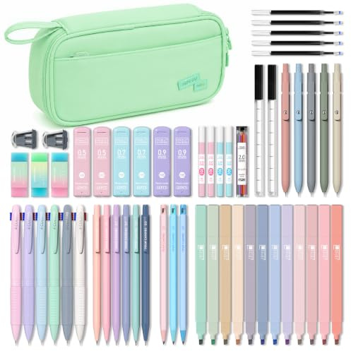 Four Candies 56 PCS Aesthetic School Supplies with Pencil Case (Mint Green) | 6 Multicolor Pens, 12 Pastel Highlighters, 5 Black Gel Pens, 9 Mechanical Pencils, Student Stationery Set College Essentials