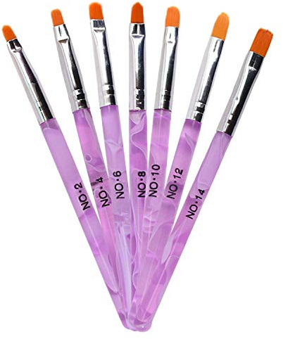 TRIXES 7PC UV Gel Acrylic Nail Brush Set - Assorted Nail Art & Builder Brushes - Accurate Professional Salon Painting Tools - Marbled Purple Pink