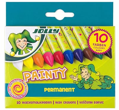 JOLLY Painty crayons de cire, étui en carton de 10 pièces, enveloppé de papier, convient pour l'encaustique, bien pour les petites mains, couleurs intensives et couvrantes, non toxique