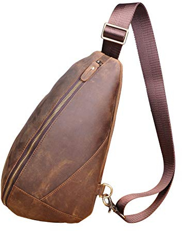 Le'aokuu Hombres Cuero genuino Outdoor Travel Climbing Triangle Chest Sling Bag Rig One Hombro Correa Bolsa Mochila 5059 (5059 A Marrón)