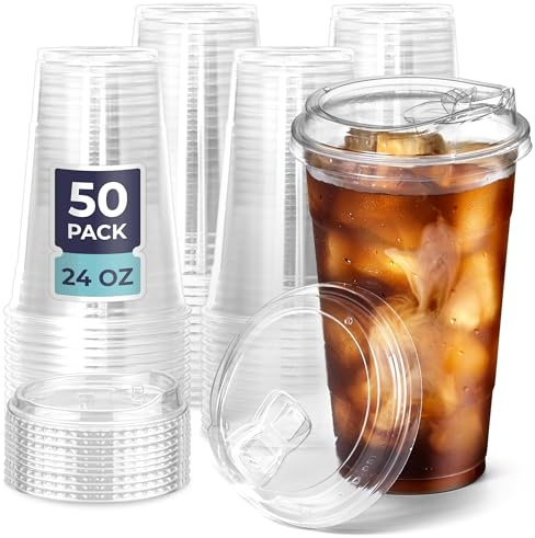 Fit Meal Prep 50 Pack 24 oz Clear Plastic Cups with Strawless Sip Lids, Disposable Plastic Coffee Cups with Lids, To Go Cups for Iced Coffee, Smoothies, Soda, Party Drinks, Bubble Tea, Cold Beverage
