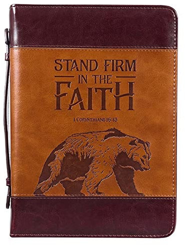 Christian Art Gifts Support de couverture de la Bible classique pour homme ferme dans la foi ours 1 Corinthiens 16:13, cuir synthétique marron, taille L