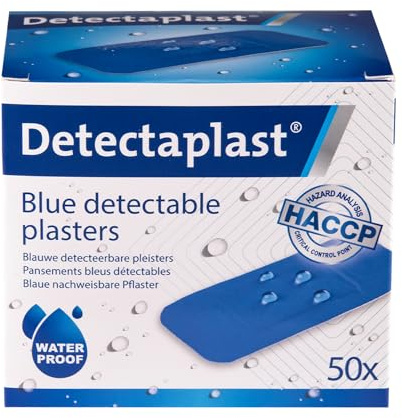 Universella blå Detectaplast-plåster, metalldetekterbara och vattentäta plåster för catering som första hjälpen i livsmedelshanteringsmiljöer, första hjälpen kök, 38x72 mm, 50 st.
