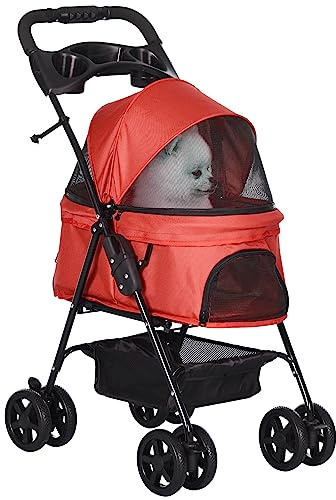 PawHut Pet Stroller Foldable Travel Carriage w/Brake Basket Canopy, Red